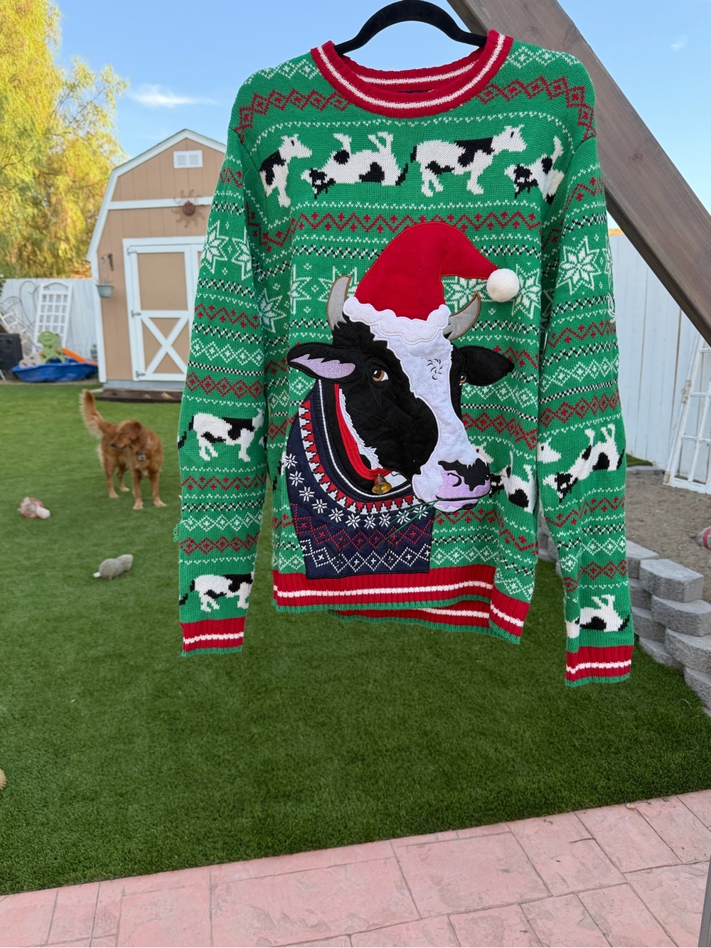 Women's Green Cow Holiday Crewneck Sweater with Santa Hat Accent